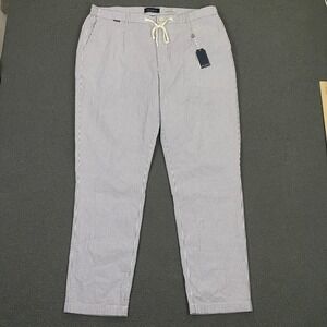 Mr Marvis Seersucker Pants Mens 40x32 Blue Stripe Elastic Waist Drawstring Chino